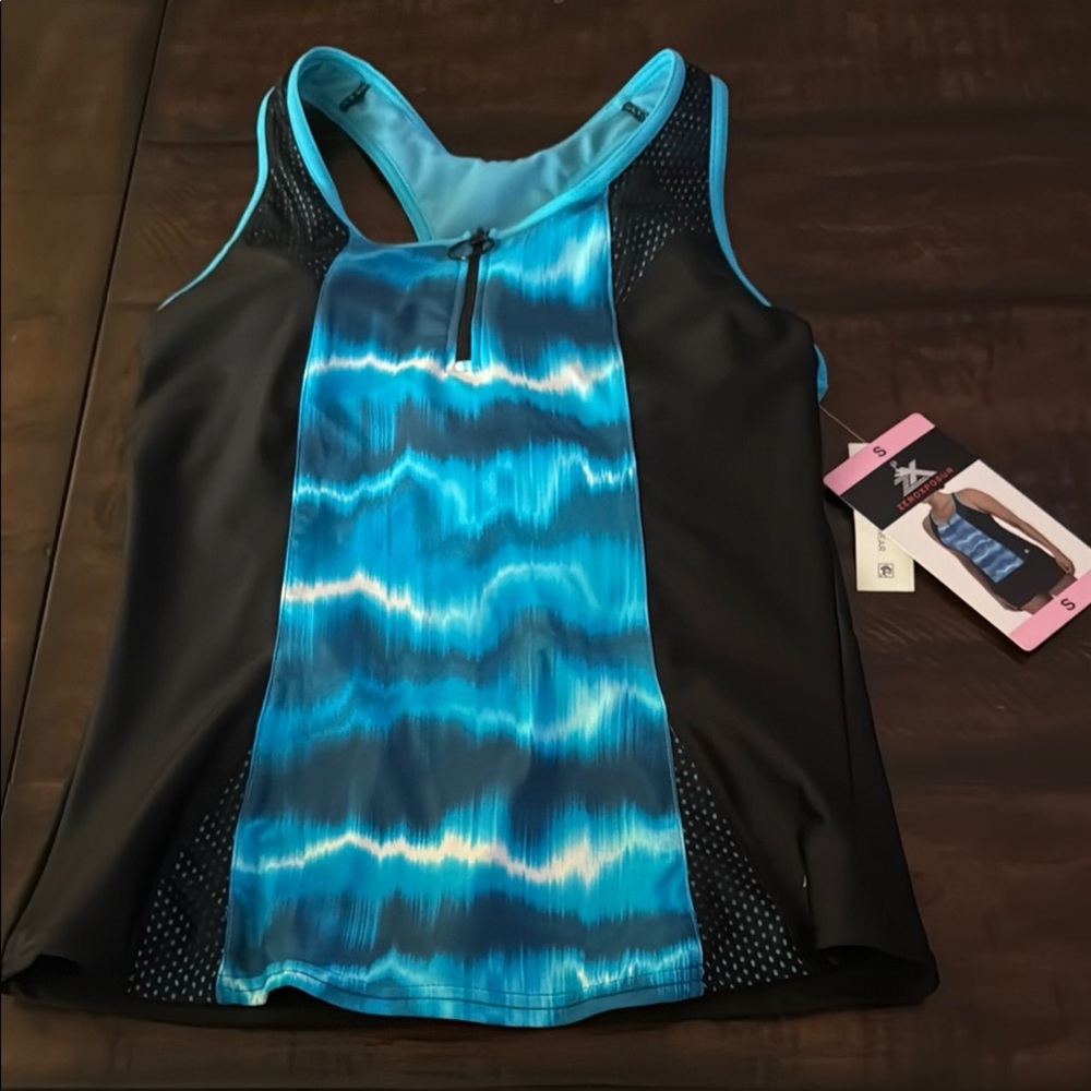 NWT Blue and Black swimsuit top size small.